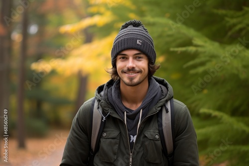 Young Man with Fall Semester Backdrop   © Kristian