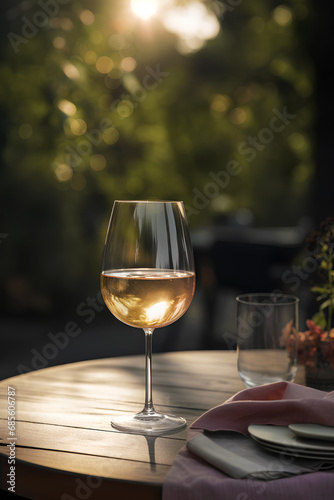 Glass of white wine on the wooden table outdoors on blurred natural background
