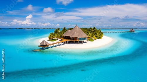 A vibrant coral atoll in the Maldives, with a white sandy beach and overwater bungalows. photo