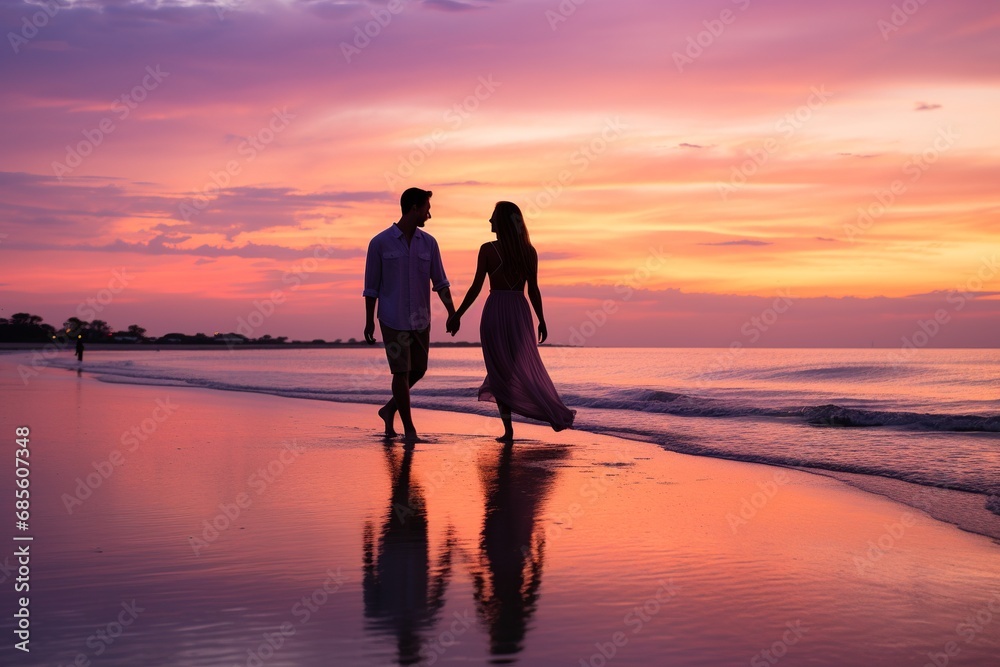 Fototapeta premium Romantic Sunset Shoreline Stroll for Couple