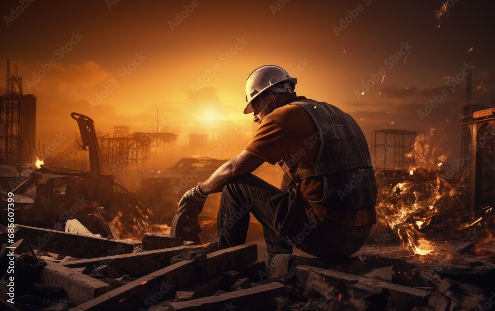 Fototapeta premium A construction worker sunset background