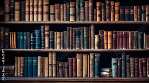 A vintage wooden bookshelf with old books. Horizontal background.