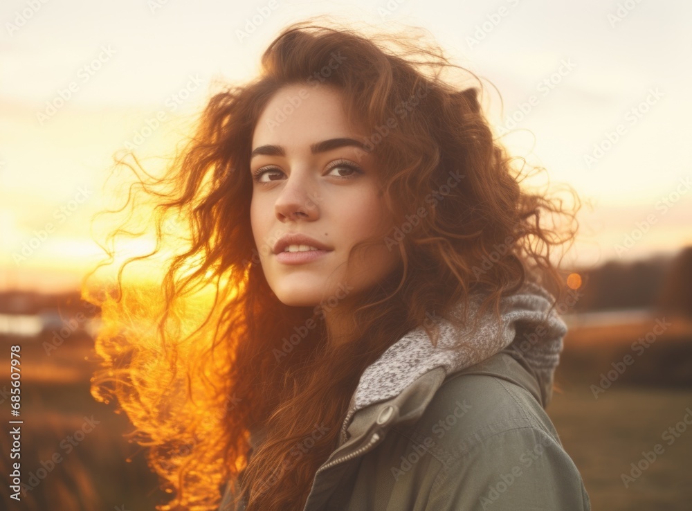 Portrait of a beautiful girl close-up, wind fluttering hair. Young smiling woman outdoors portrait. High quality photo.