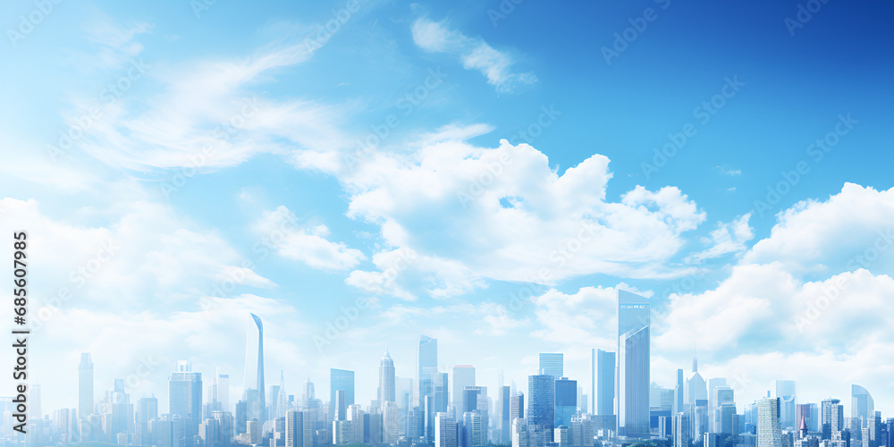 Abstract 3d cityscape under cloudy sky, Abstract city skyline in blue sky and white clouds. Abstract city background, GENERATIVE AI

