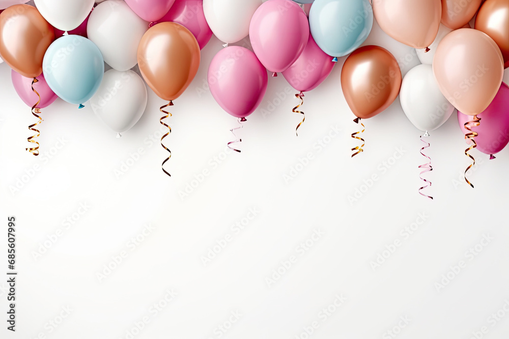 colorful Balloons on a white background with a ribbon. empty space for text,festive background 