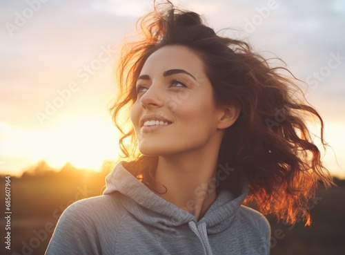 Portrait of a beautiful girl close-up, wind fluttering hair. Young smiling woman outdoors portrait. High quality photo.