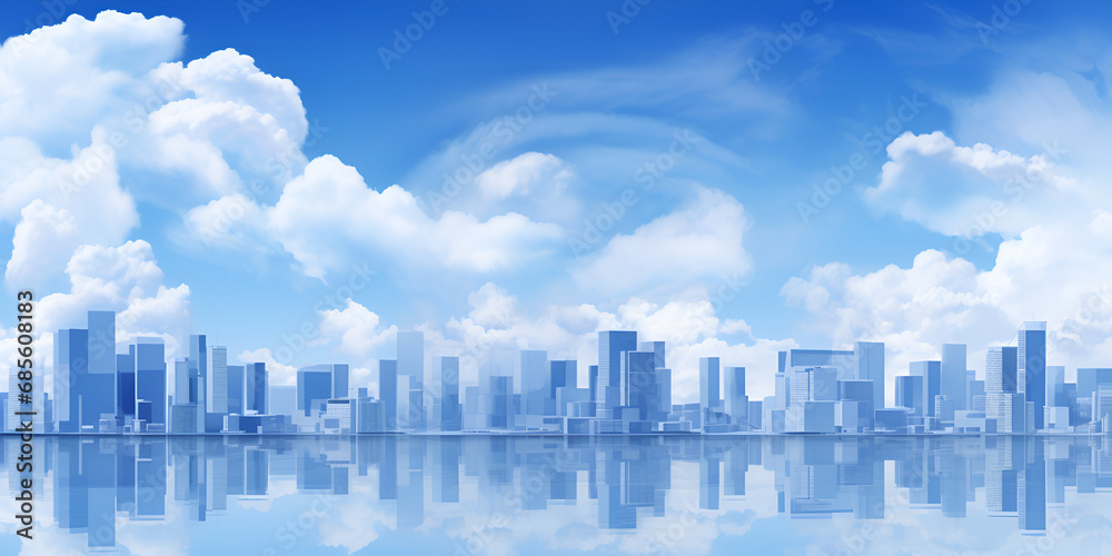 Flat cityscape with blue sky white clouds over the city and sunset, Flat cityscape in the morning with blue sky white clouds and sun, generative AI

