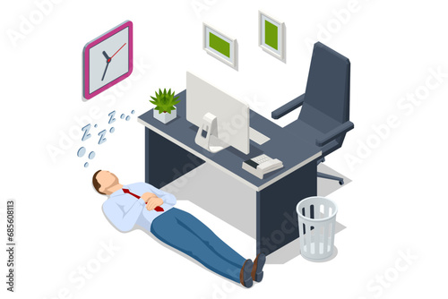 Isometric tired overworked employee sleeping in the office. Tiredness and exhaustion concept. Tired businessman sleeping on floor