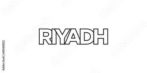 Riyadh in the Saudi Arabia emblem. The design features a geometric style, vector illustration with bold typography in a modern font. The graphic slogan lettering.