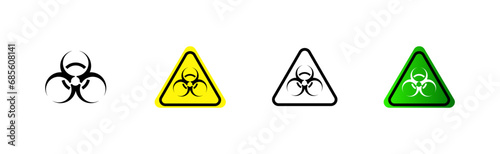 Biohazard road signs. Different styles, road triangle sign, biological hazard signs. Vector icons photo