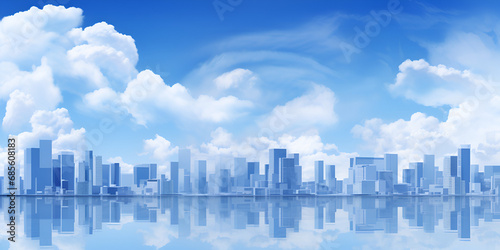 Flat cityscape with blue sky white clouds over the city and sunset  Flat cityscape in the morning with blue sky white clouds and sun  generative AI  