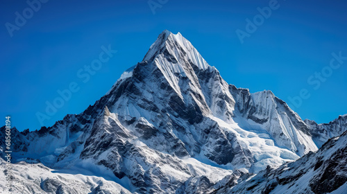 Snow-covered mountain against a blue sky. Generative Ai © Shades3d