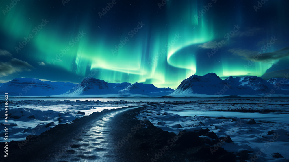 Winter landscape with the glow of the Aurora Borealis, capturing the beauty of polar lights