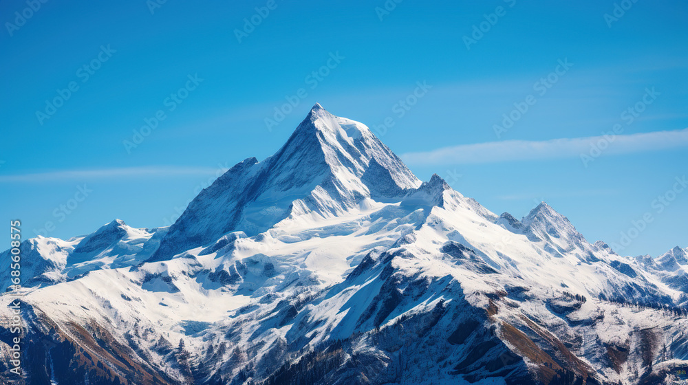 Snow-covered mountain against a blue sky. Generative Ai