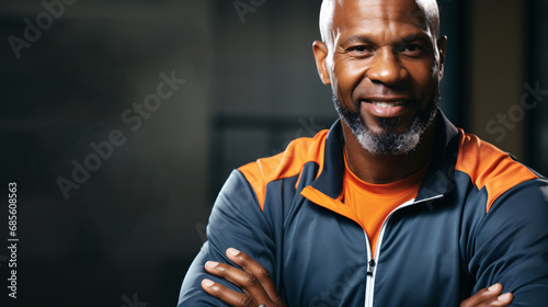 Portrait of personal trainer with beard. concept of sport  healthy lifestyle. Flyer with copyspace.