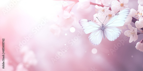 Butterfly on a cherry blossom tree, Delicate pink blossom almond and flying butterfly on spring morning. spring abstract background, Butterfly On Pink Flower, GENERATIVE AI