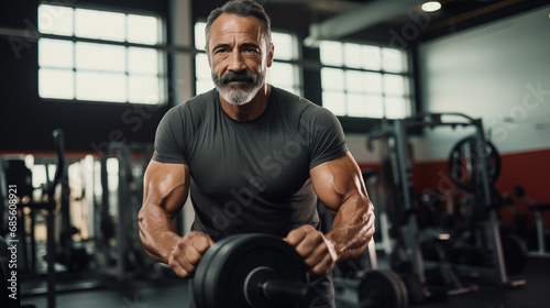 Mature Man Focused on Weightlifting in Gym