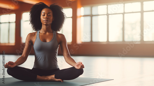 African American Woman with Curly Hair Meditating in Yoga Pose In the Class Room