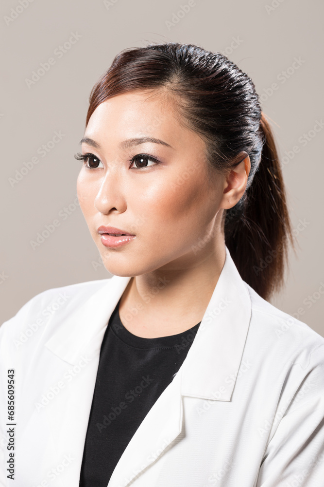 Closeup of Chinese lady doctor wearing a white lab coat. Closeup of Chinese lady doctor wearing a white lab coat.