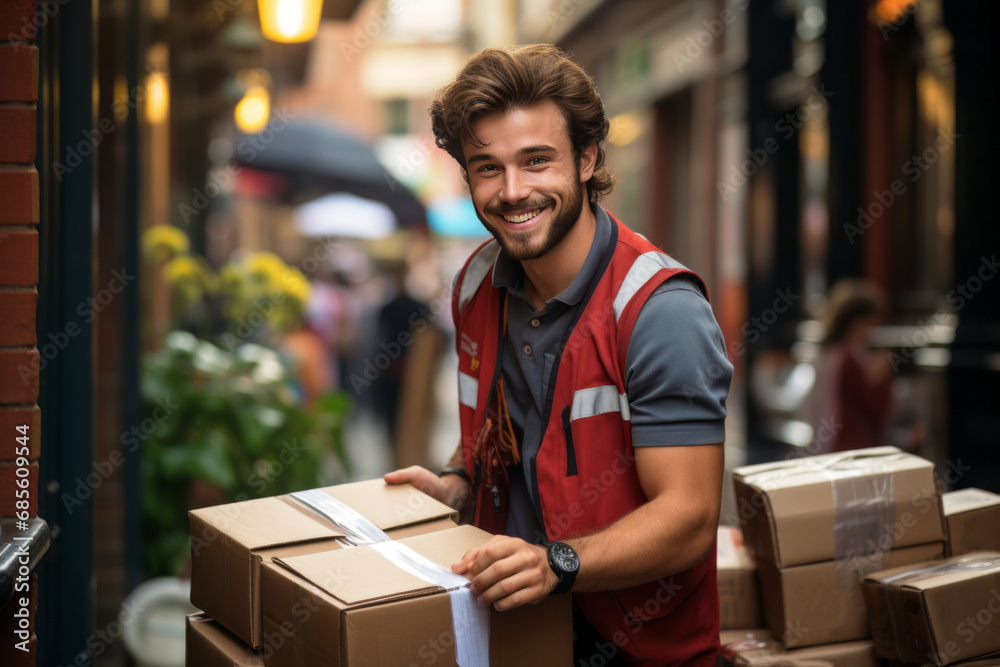 Close-up portrait of a male courier with a cardboard box on a city street. A smiling positive man delivers a package to a client. Logistics and delivery concept. Close-up portrait of a male courier with a cardboard box on a city street. A smiling positive man delivers a package to a client. Logistics and delivery concept.