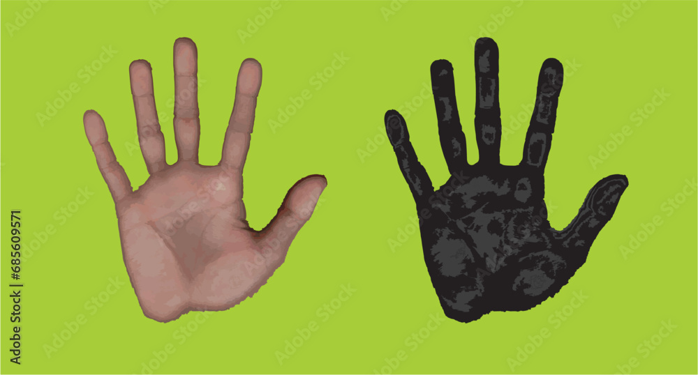 Fototapeta premium Vector concept or conceptual cute paint human hand or handprint of child isolated on white background for art, childhood, fun, happy, infant, symbol, kid, identity, education, school, little or young