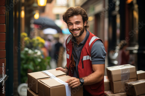 Close-up portrait of a male courier with a cardboard box on a city street. A smiling positive man delivers a package to a client. Logistics and delivery concept.
