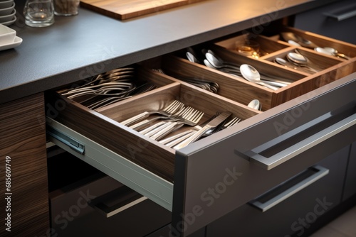 Close-up of an open drawer in a modern minimalist kitchen with walnut cabinets and stone countertops. A set of cutlery trays in a kitchen drawer. Inserts for cutlery made of solid oak. photo