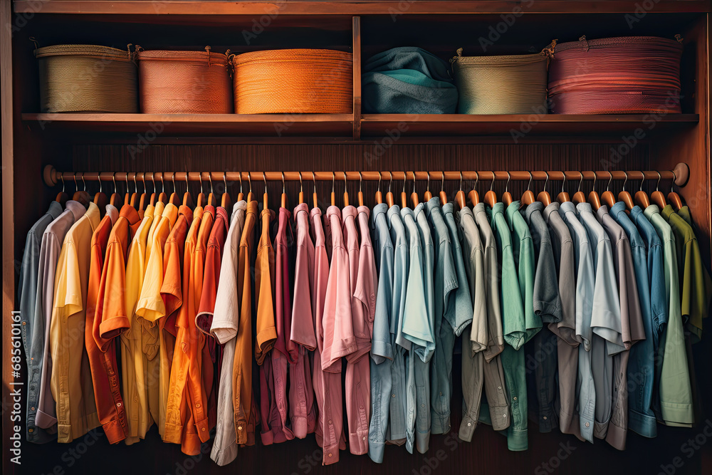 A colorful array of shirts hanging on a store rack. Suitable for fashion retail, clothing store promotions, seasonal sales, and vibrant apparel advertisements.