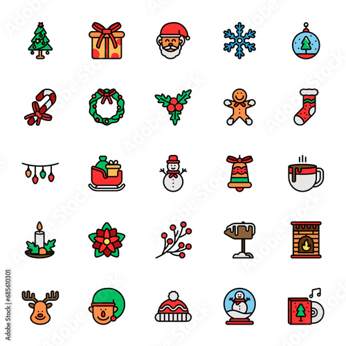 Set of Christmas Colored Outline Icon Design Vector. snowflake, elf, reindeer, christmas lights, christmas tree, snowman, christmas wreath, mistletoe, sleigh, santa claus, christmas hat,