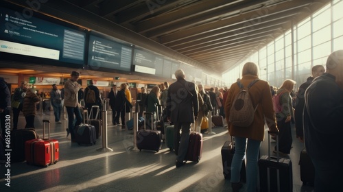 A bustling airport terminal photo realistic illustration - Generative AI.