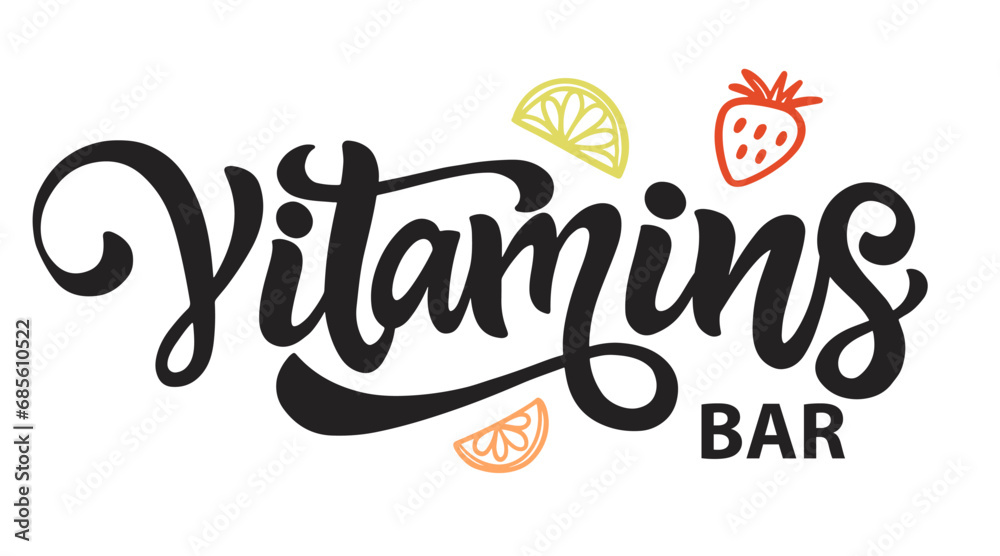 Vitamins Bar Emblem. Juice Drink lettering Logo