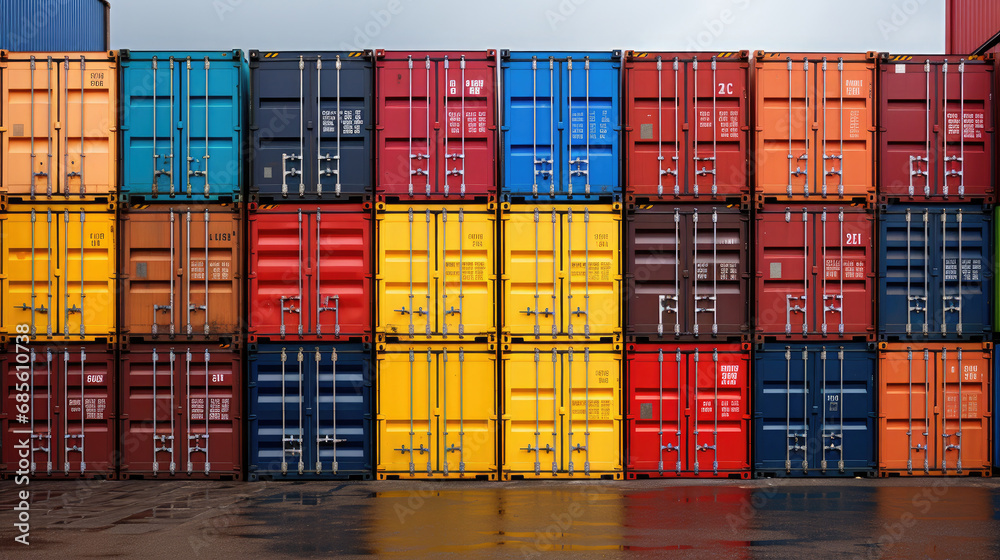 Fototapeta premium A large stack of colorful shipping containers suitable for industrial or transportation concepts, logistics, global trade, freight, import/export, cargo shipping, and container storage designs.