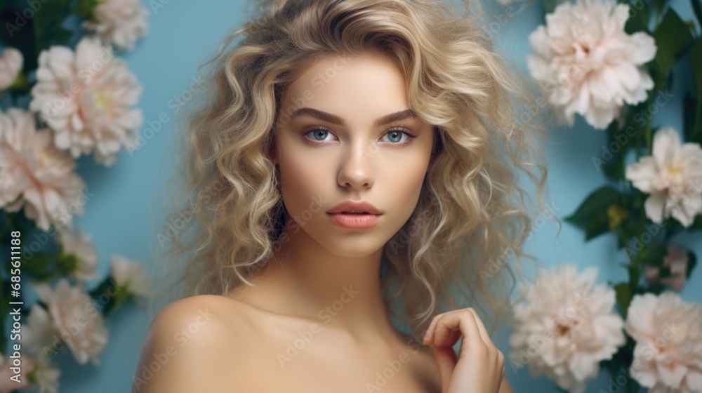 Portrait of young beautiful platinum blonde girl with stylish make-up, prom hairdo and flowers