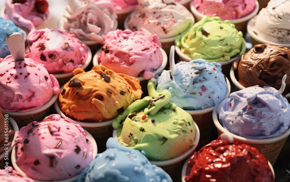 Various of ice cream flavor in cones blueberry ,green tea ,pistachio ,almond ,orange and cherry setup on dark stone background . Summer and Sweet menu concept. Various of ice cream flavor in cones blueberry ,green tea ,pistachio ,almond ,orange and cherry setup on dark stone background . Summer and Sweet menu concept.