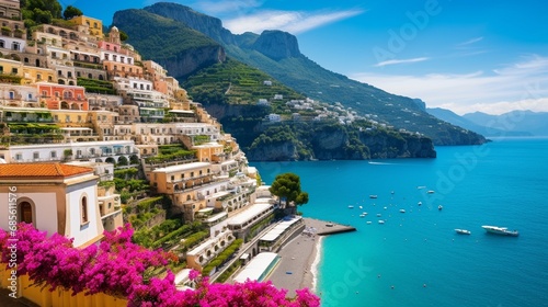 Fototapeta Naklejka Na Ścianę i Meble -  The dramatic cliffs and turquoise waters of the Amalfi Coast in Italy, with a view of the picturesque town of Positano.