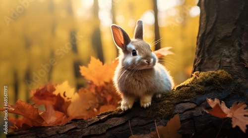 Adorable rabbit perched on a tree in a picturesque fall woodland