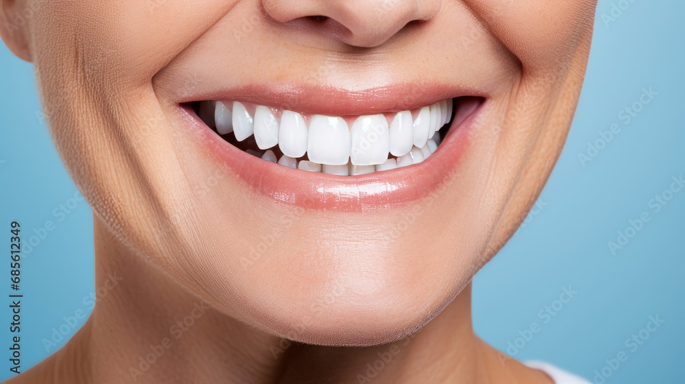 Obraz premium Teeth whitening, dentist treatment, dental health - Closeup of woman with beautiful smile and white teeth, isolated on blue background