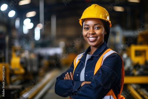 Young cheerful African American female engineer, technician or factory worker. A confident black woman in a protective helmet and vest stands in a workshop against the background of machines. photo
