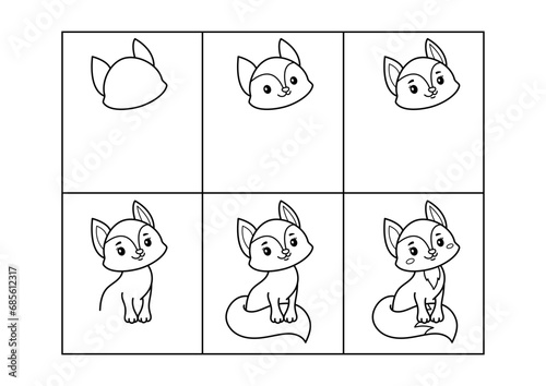 Fox. Step by step drawing. Coloring page, coloring book page. Black and white vector illustration.