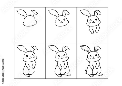 Rabbit. Step by step drawing. Coloring page, coloring book page. Black and white vector illustration.