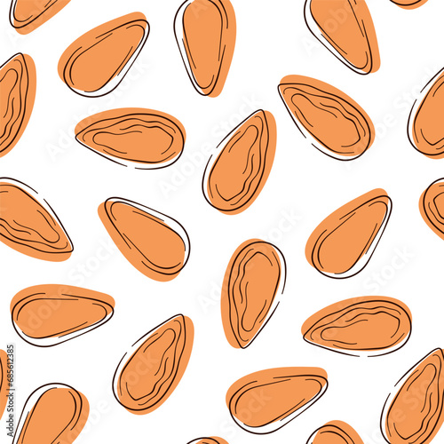 Almond seamless pattern in line art style. Hand drawn, sketches, engraved. Vector illustration on a white background.