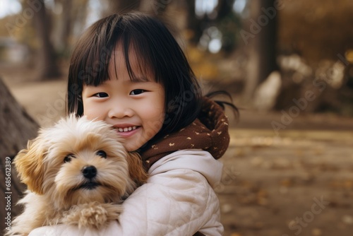 Beautiful asian girl playing with little dog puppy in the park with bokeh background photo