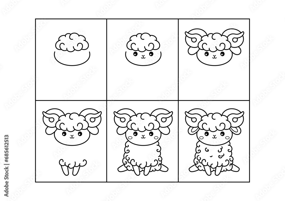 Ram. Step by step drawing. Coloring page, coloring book page. Black and ...