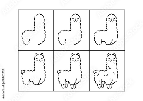 Alpaca. Step by step drawing. Coloring page, coloring book page. Black and white vector illustration.