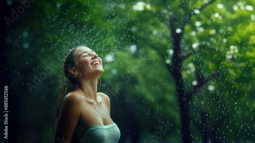 Young woman standing under pouring rain in satisfaction and refreshment concept