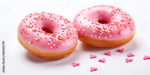 Delicious sweet donuts with pink glaze and heart shaped sprinkles on white background