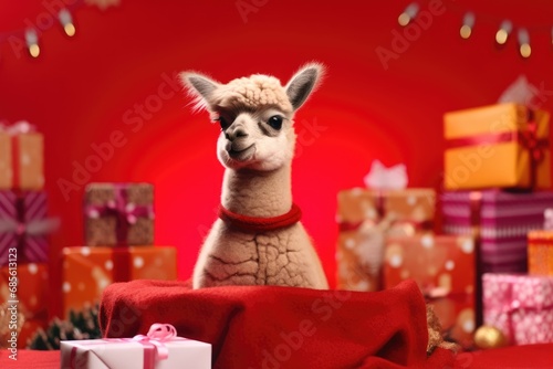 baby llama with christmas presents on red background © gankevstock
