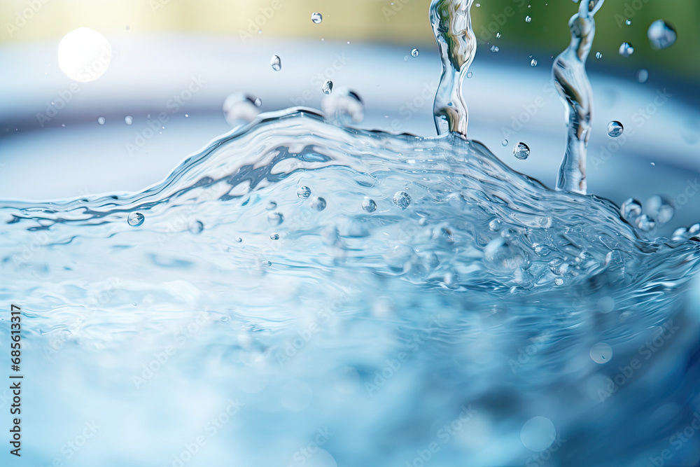 water splash on blue background, water drops on blue water,Water splashes splashing on the water surface and underwater bubbles