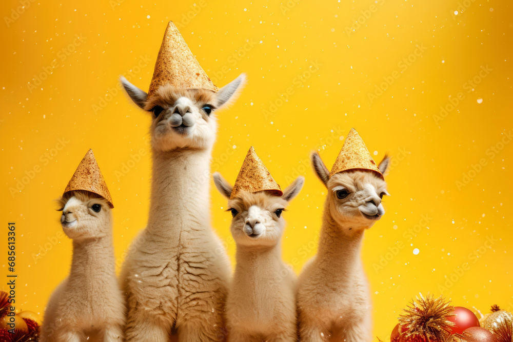  Four alpacas donning glittery party hats, set against a sparkling yellow backdrop with holiday ornaments
