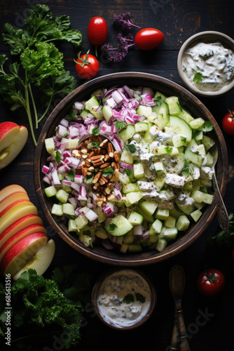 Waldorf Salad surrounded by its ingredients on wooden table.